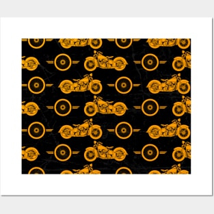 Vintage motorcycle and bike wheel vector set collage with Vibrant golden and black colors and worn out effect pattern Posters and Art